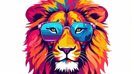 Canvas Print -  a lion wearing sunglasses and a tie dye effect on it's face.  generative ai