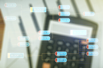 Wall Mural - double exposure of abstract creative programming illustration on calculator and papers background, b