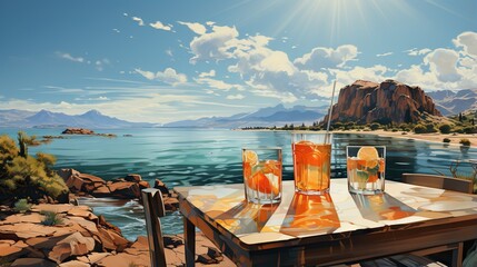  a painting of two glasses of orange juice on a table.  generative ai