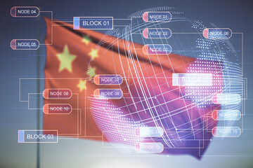 Wall Mural - multi exposure of abstract creative coding sketch and world map on flag of china and sunset sky back