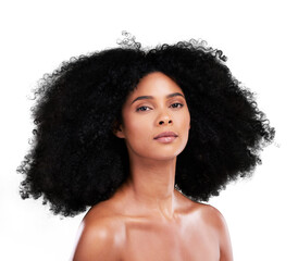 Canvas Print - Portrait, hair and salon with a afro black woman isolated on a transparent background for shampoo treatment. Face, beauty and a confident young model on PNG for natural, skincare or keratin haircare