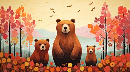 Sticker -  a painting of a bear family in a field of flowers.  generative ai