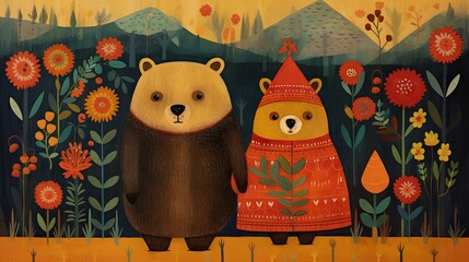 Canvas Print -  a painting of two bears standing in front of a forest.  generative ai