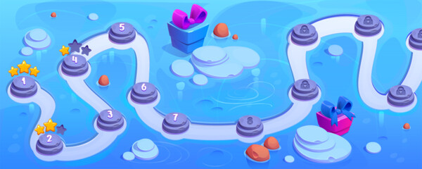 Wall Mural - winter land map for game level interface. vector cartoon illustration of ice landscape with indicato