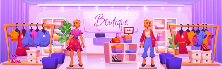 Wall Mural - Fashion shop with purple interior vector design. Wardrobe store boutique in mall with woman mannequin and clothes on shelf. Apparel commercial showroom with counter and monitor cartoon background.