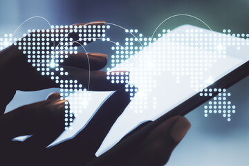Wall Mural - abstract creative world map with connections and finger clicks on a digital tablet on background, in