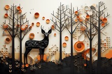Contemporary Wall Art. Black And Orange Geometric Patterns, Animal Motifs, And Dark Trees Against A Light 3D Background. Generative AI