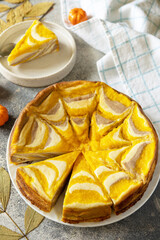Canvas Print - Healthy autumn dessert for breakfast. Pumpkin cottage cheese casserole pie 