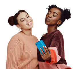 Canvas Print - Young women, friends and selfie for social media post, communication and app isolated on png transparent background. Friendship date, memory and happy in picture with influencer and content creation