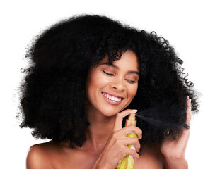 Poster - Happy, woman and curly hairspray for beauty isolated on a transparent png background. African person, smile and oil for hair care, natural cosmetics product and salon treatment for healthy growth