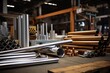 Various metal products including stainless steel profiles and tubes in a warehouse setting. Generative AI