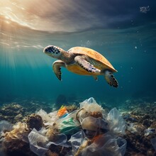 Plastic Pollution In The Ocean. Turtle Eating Plastic. Turtle Swimming