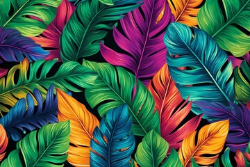Wall Mural - An eye-catching seamless pattern of vibrant tropical leaves, ideal for a lively and vibrant backdrop. Generative AI
