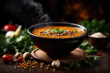 Traditional Georgian Soup kharcho in bowl on dark background. Commercial promotional food photo