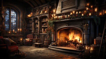 Wall Mural - fireplace with christmas decorations in a cozy warm forest wooden log house cabin