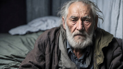 Wall Mural - elderly homeless man with a gray beard, tortured face and eyes, thin, very sick
