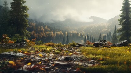 Wall Mural - A grassy field with rocks and trees in the background