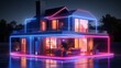 minimalist design of a quaint house made of neon lights