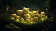 Animal Babies Nestled In A Bed Of Soft Moss, Their Dreams Illuminated By The Soft Glow Of Fireflies