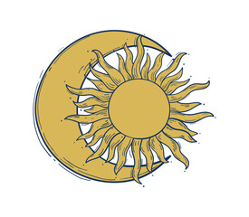 Wall Mural - crescent moon and sun with rays, mystical astrology tattoo, hand drawn zodiac sign, horoscope. gold 
