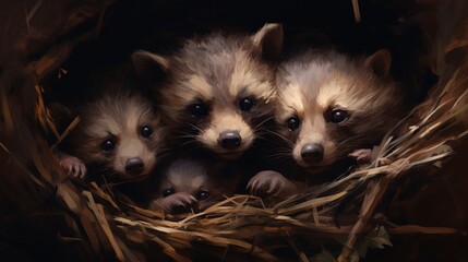 Wall Mural - animal babies seeking shelter in a cozy burrow, the epitome of safety and familial love