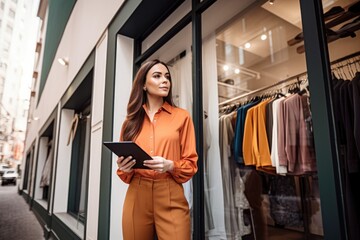 Wall Mural - shot of a young business owner using a digital tablet while standing in front of her clothing store