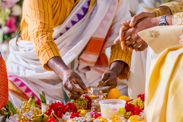Indian Hindu wedding ceremony rituals hands close up