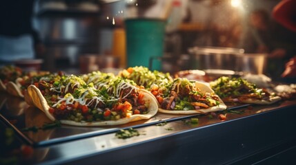 Wall Mural - Candid shot of tacos being made in a foodtruck