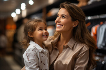 Young caucasian mother with child daughter buying clothes in mall