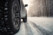Snowy road with studded winter tires. Generative AI