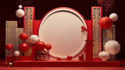 Wall Mural - Inside the red colored Chinese hall and palace background for Chinese new year festival decoration.