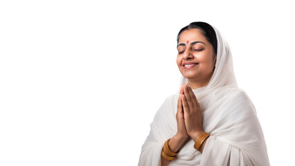 Wall Mural - Indian Woman in white sari cloth praying, greeting diwali celebration