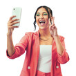 © Heyt/peopleimages.com - Isolated woman, selfie and excited with peace sign for fashion, makeup or web blog by transparent png background. Gen z girl, influencer or icon for memory, photography or profile picture in clothes
