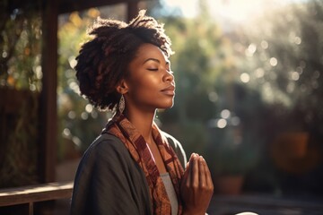 Sticker - shot of a woman meditating at an outdoor retreat