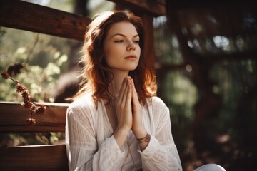 Sticker - shot of a woman meditating at an outdoor retreat