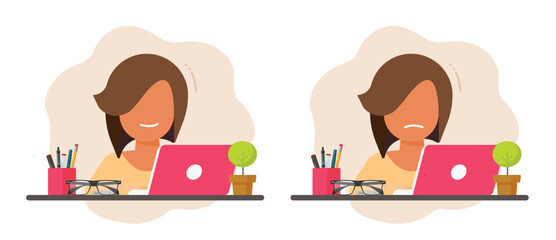 Wall Mural - woman girl happy work on laptop vector graphic, sad tired fatigue young female person wfh on compute