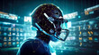 Powered American football player with analytics graphic over his helmet. Postproducted generative AI illustration.