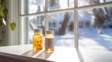 Vitamin D Capsules Tablets On The Windowsill Near A Snowy Winter Window. Omega 3 Fish Oil Capsules And A Glass Bottle. Winter Lack Of Sunshine