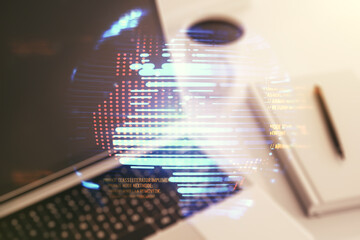 Wall Mural - multi exposure of abstract programming language hologram with world map on computer background, arti