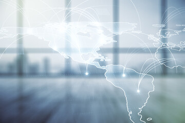 Wall Mural - double exposure of abstract digital world map hologram with connections on empty room interior backg