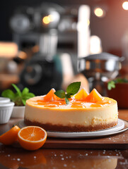 Delicious and creamy mandarin clementine cheese cake on plate, wooden table and blurred background 