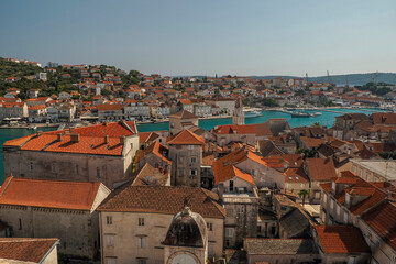 Aerial view from clock tower of Trogir medieval town in Dalmatia Croatia UNESCO World Heritage Site Old city and building detail