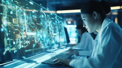 Data scientists work in a modern office of a technology company on the development of a quantum computer. Science, technology, big data and blockchain concept.