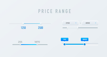 Price range sliders and filters interface elements. UI scrollbars and graphs for website page filter menu design. Vector modern horizontal scroll bars with sliders and color indicators of price values