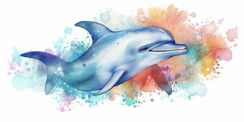 Wall Mural - Watercolor style swimming dolphin with colorful paint splash in the back on white background. Created with Generative AI technology