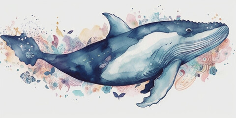Wall Mural - Watercolor style swimming blue whale surrounded by colorful design elements on white background. Created with Generative AI technology