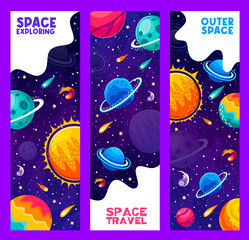 Wall Mural - space travel and explore banners with starry galaxy planets and stars, vector background. cartoon ou