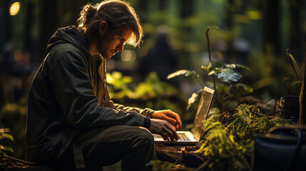 Wall Mural - Man working with laptop in a forest.