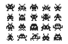 Arcade Game Pixel Monsters Characters. Retro Video Game Vector Silhouettes Of Aliens, Space Invaders, Robots, Zombies And Viruses Personages. 8 Bit Pixel Art Monsters With Antennas And Tentacles