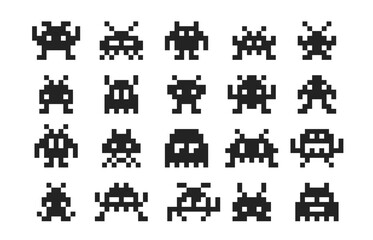 Arcade game pixel monsters characters. Retro video game vector silhouettes of aliens, space invaders, robots, zombies and viruses personages. 8 bit pixel art monsters with antennas and tentacles